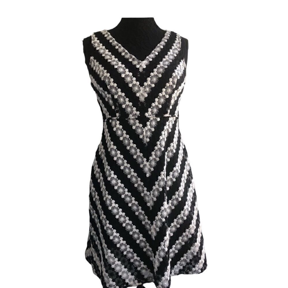 ADRIANNA PAPELL Black and White Knee Length Dress Size 6P Previously Owned